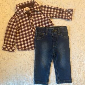 Like New ⭐️ 6M Cat & Jack 2-Piece Blue Jeans & Maroon Check Button Flannel Set